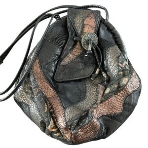 Vintage Patchwork Black Brown Copper Tiger Tribal Ethnic Snake Croc Bag Purse